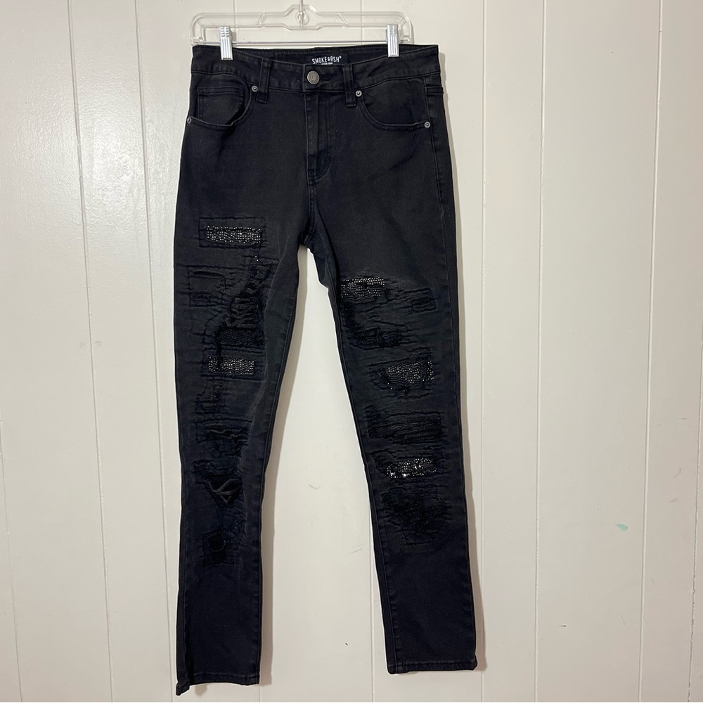 Smoke & Ash Men’s Black Distressed Rhinestone Skinny Jeans 30x30 Streetwear